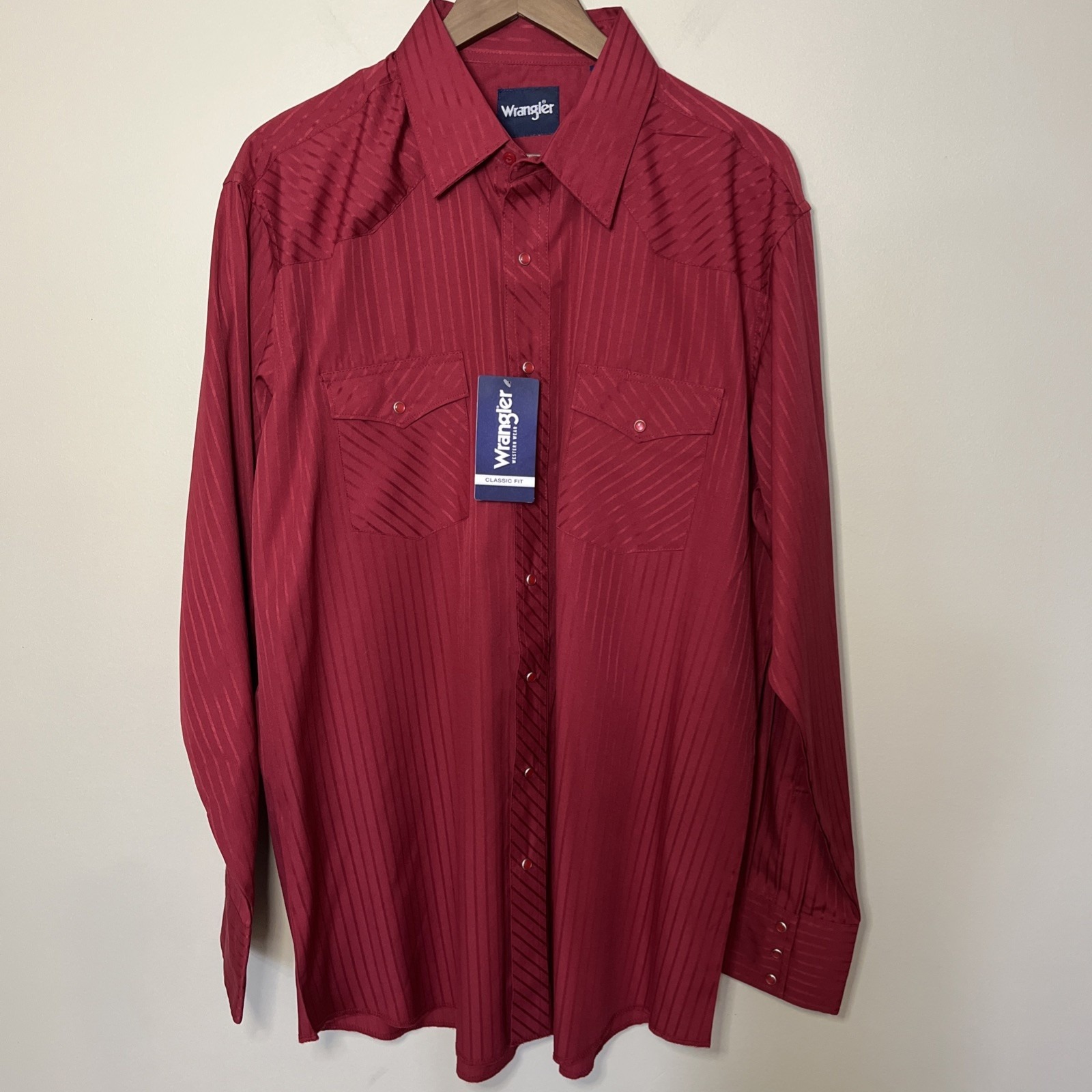 Nwt Wrangler Men's Red Striped Long Sleeve Pearl Snap Western Dress Shirt Xltall